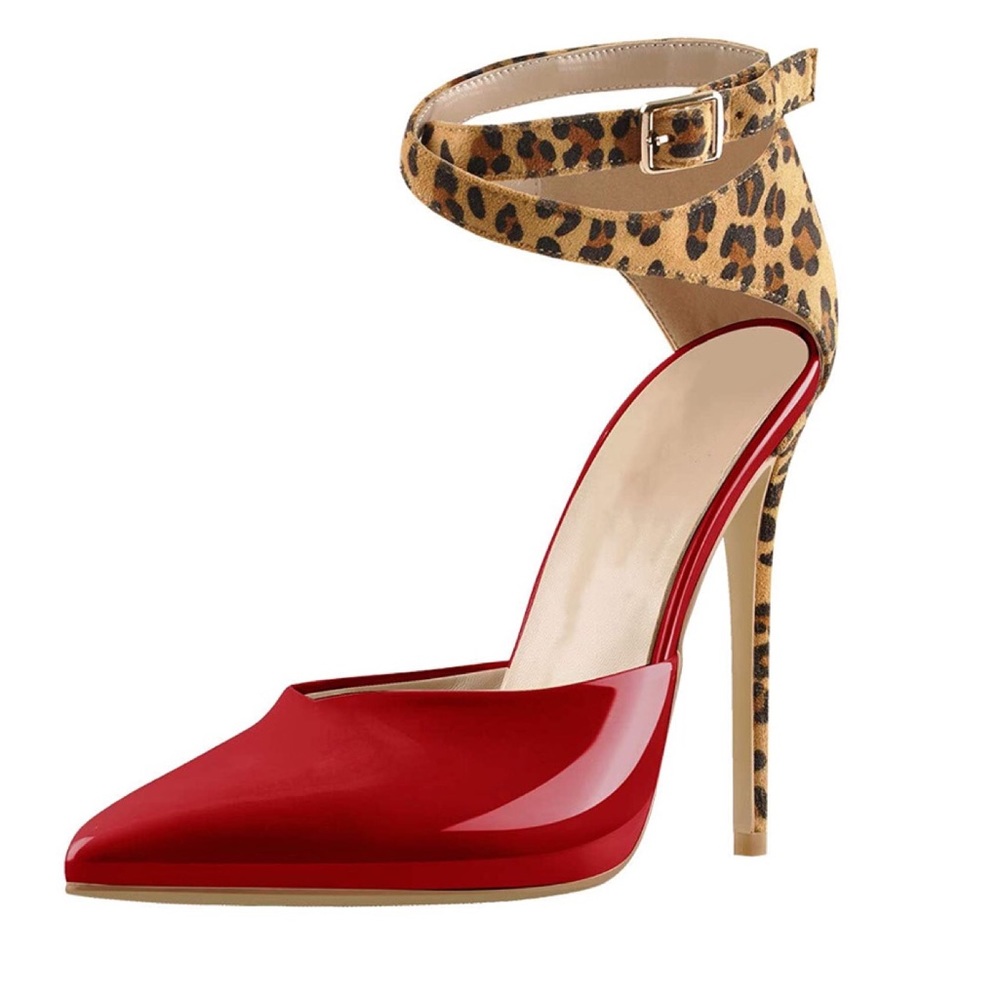 Two Tone Ankle Strap Pointed Toe Heeled Pumps - Picture 1 of 5